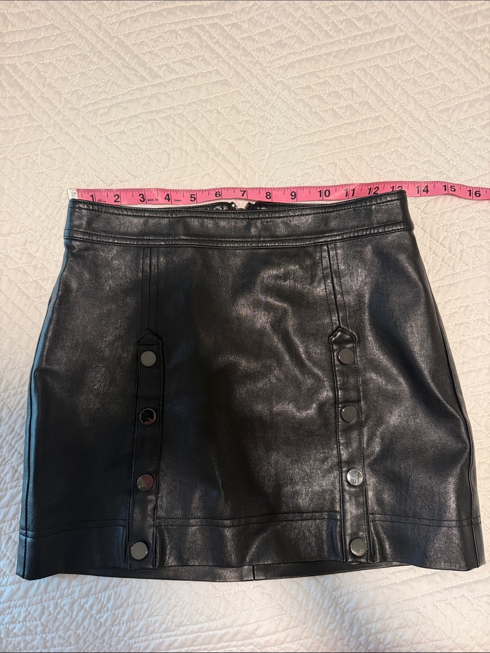 Black Faux Leather Mini Skirt with Button-Tab Details
